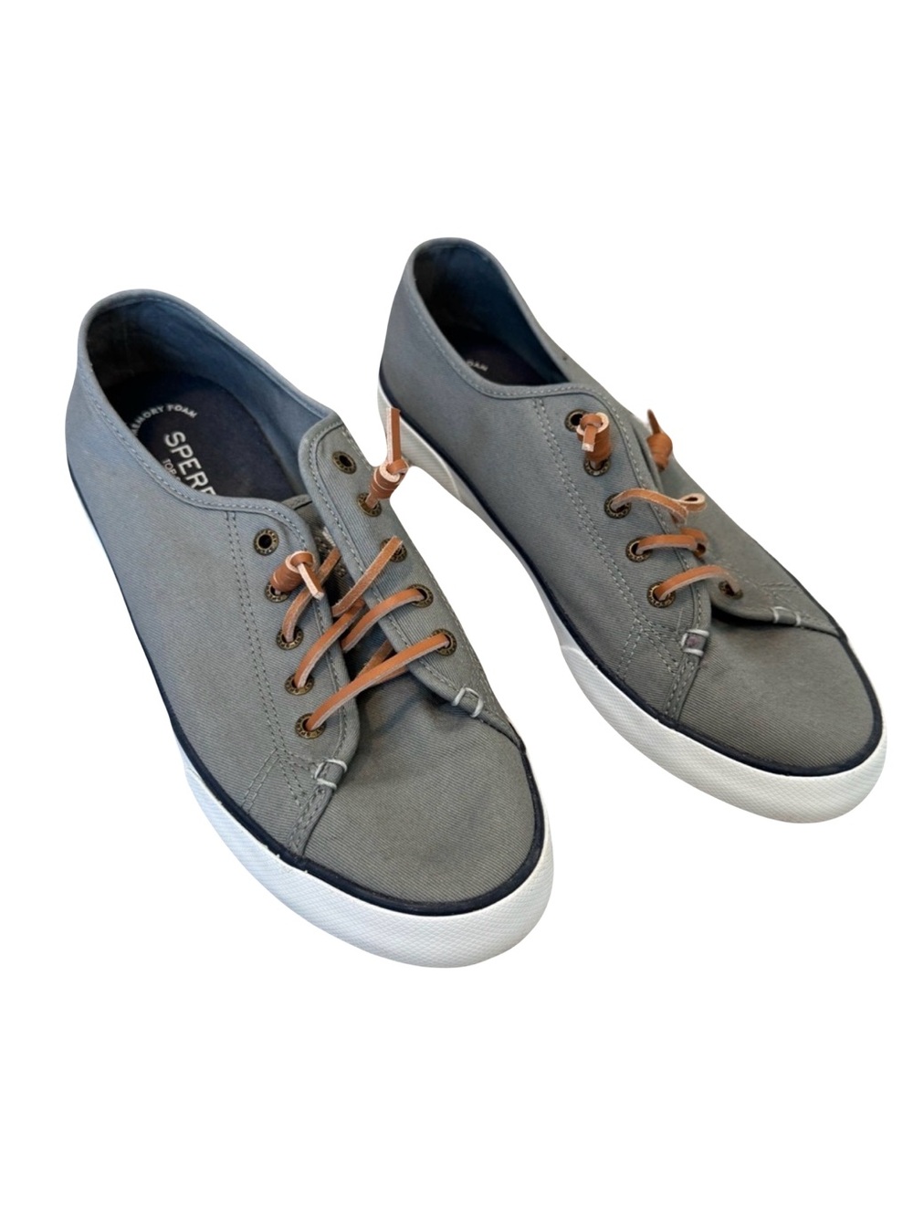 Sperry  Women’s  11  Gray  Canvas  Deck  Sneakers  Tan  Laces  Casual  Neutral